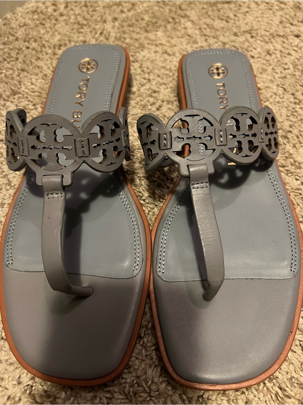 New Tory Burch Slate Blue Leather Miller Thong Sandals size 8